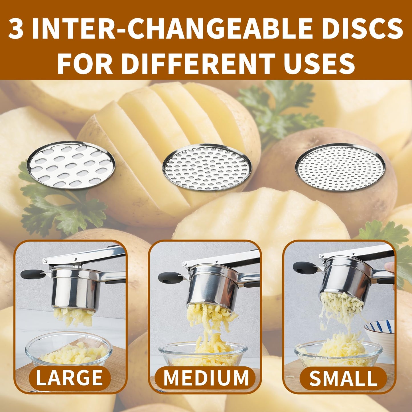 Roryimke 15oz Potato Ricer Heavy Duty Stainless Steel 3 Interchangeable Discs Potato Masher Spaetzle Maker with Silicone Handle Potato Press Kitchen Tool Ricer for Mashed Potatoes for Kitchen