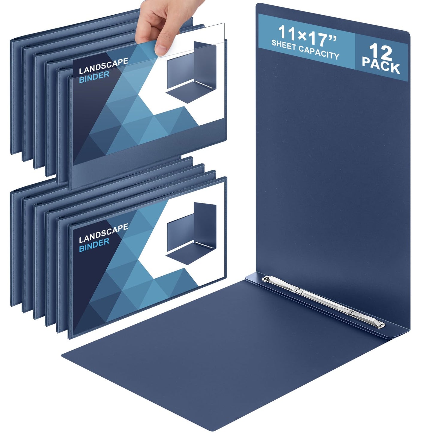 12 Pcs 11'' x 17'' Portfolio Binder Bulk with Fastener, 3" Capacity Presentation Binder Folder Plastic Report Covers with Clear Pocket for School Portfolio Business Document Storage Proposals(Blue)