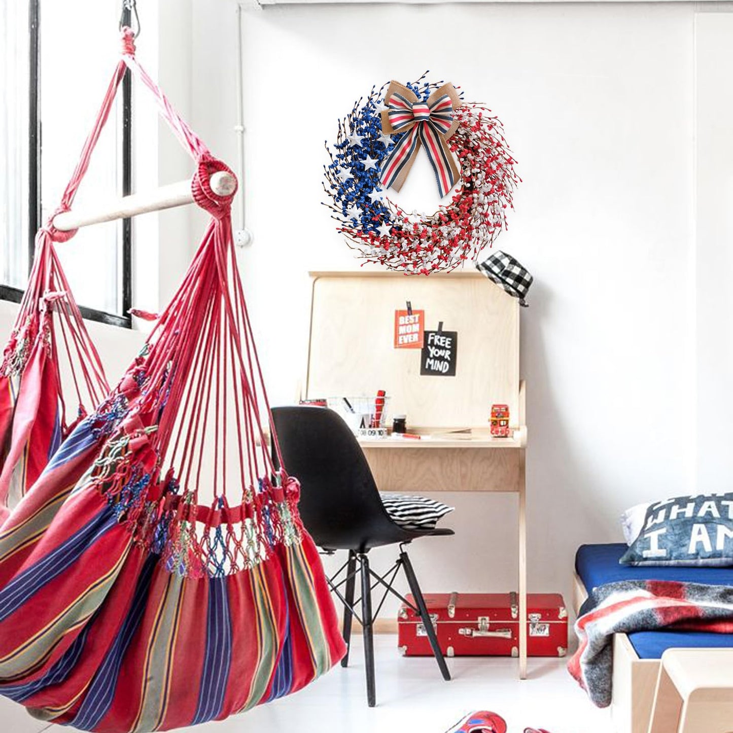 4th of July Wreath 22 inch, Patriotic Wreath for Front Door, Red White Blue American Independence Day Memorial Day Flag Day Indoor Outdoor Decor