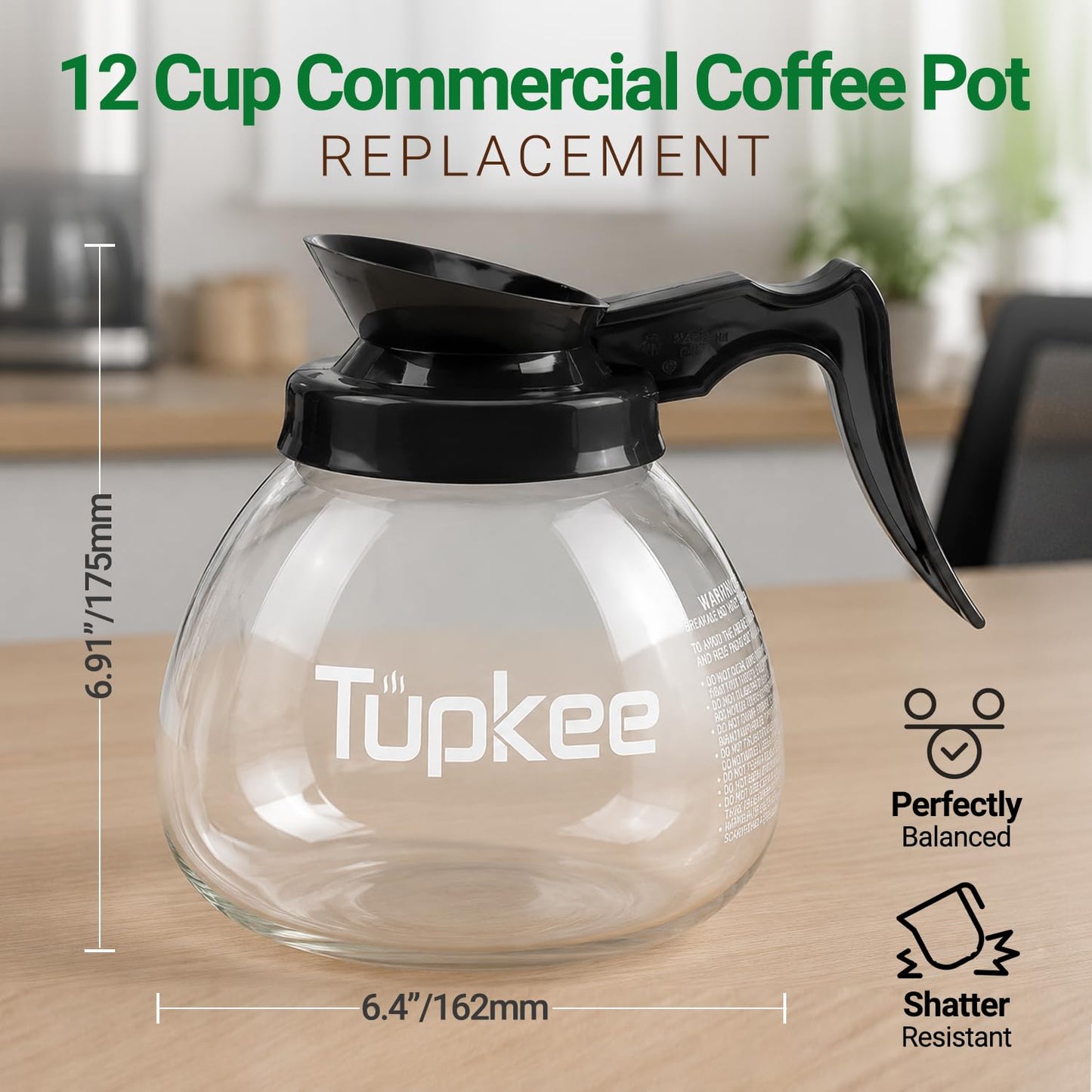 Tupkee Commercial Coffee Pot Replacement - SHATTER-RESISTANT Restaurant Glass Decanter Carafe - 64 oz 12 Cup, Black Handle/Regular, Compatible with Wilbur Curtis, Bloomfield, Bunn Coffee Pot