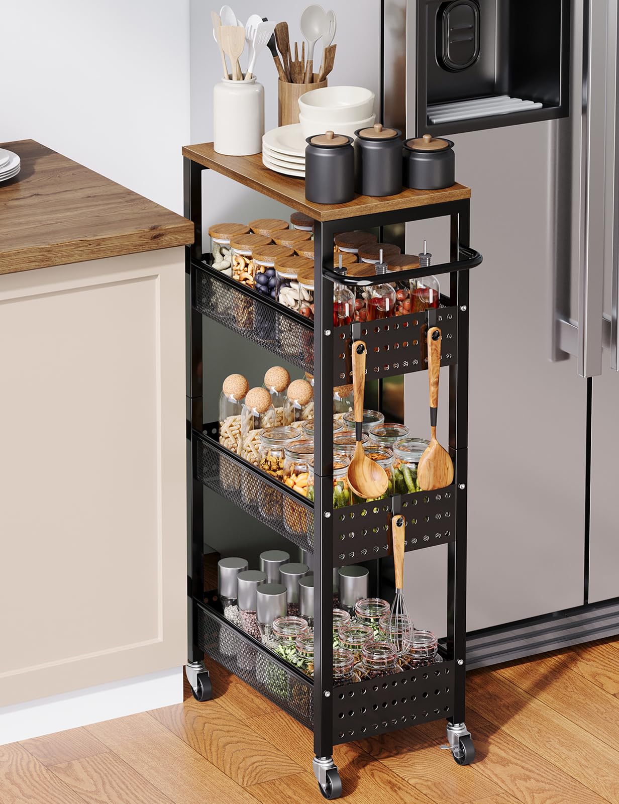 Utility Slim Storage Cart, 4-Tier Narrow Bathroom Organizer and Storage Cart, Metal Narrow Kitchen Laundry Room Organization Rack with Wood Top, Slim Rolling Shelf with Wheels for Small Space