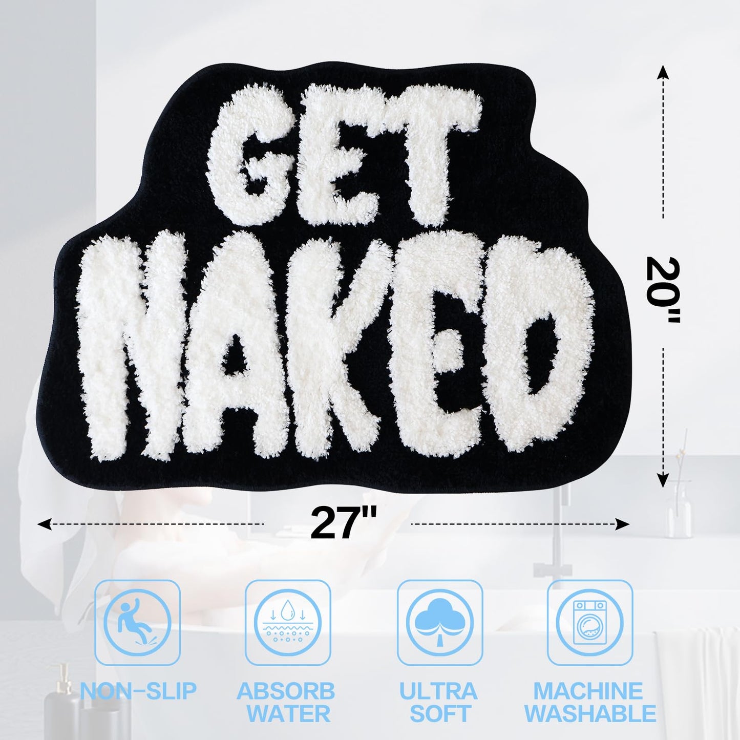 Get Naked Bath Mat, Cute Bath Rug for Bathroom Mat, rregular Non Slip Shower Floor MatUltra Soft Mat Funny Bathroom Decor (Black)