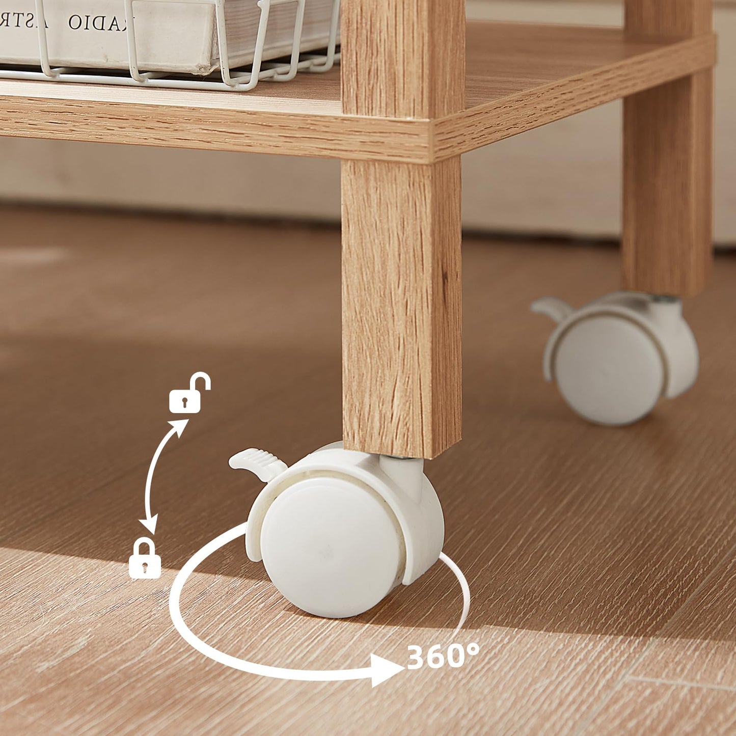 YUFAM 2 Tier Under Desk Printer Stand with Storage, Small Printer Table with Charging Station, Rolling Printer Cart Shelf with Lockable Wheels for Home, Office (Natural)