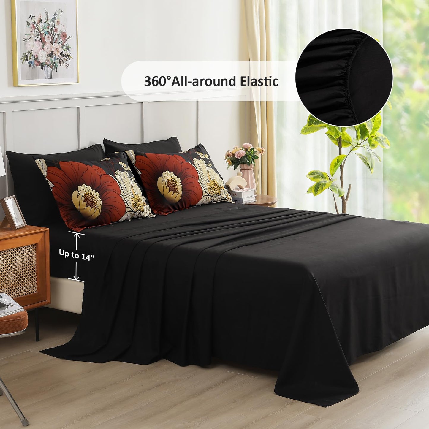 Xruibed Black Floral Comforter Set Queen Size 7 Pieces Bed in a Bag Flower Bedding Sets Lightweight Boho Bed Set with Sheet,Pillowcases&Shams for All Season