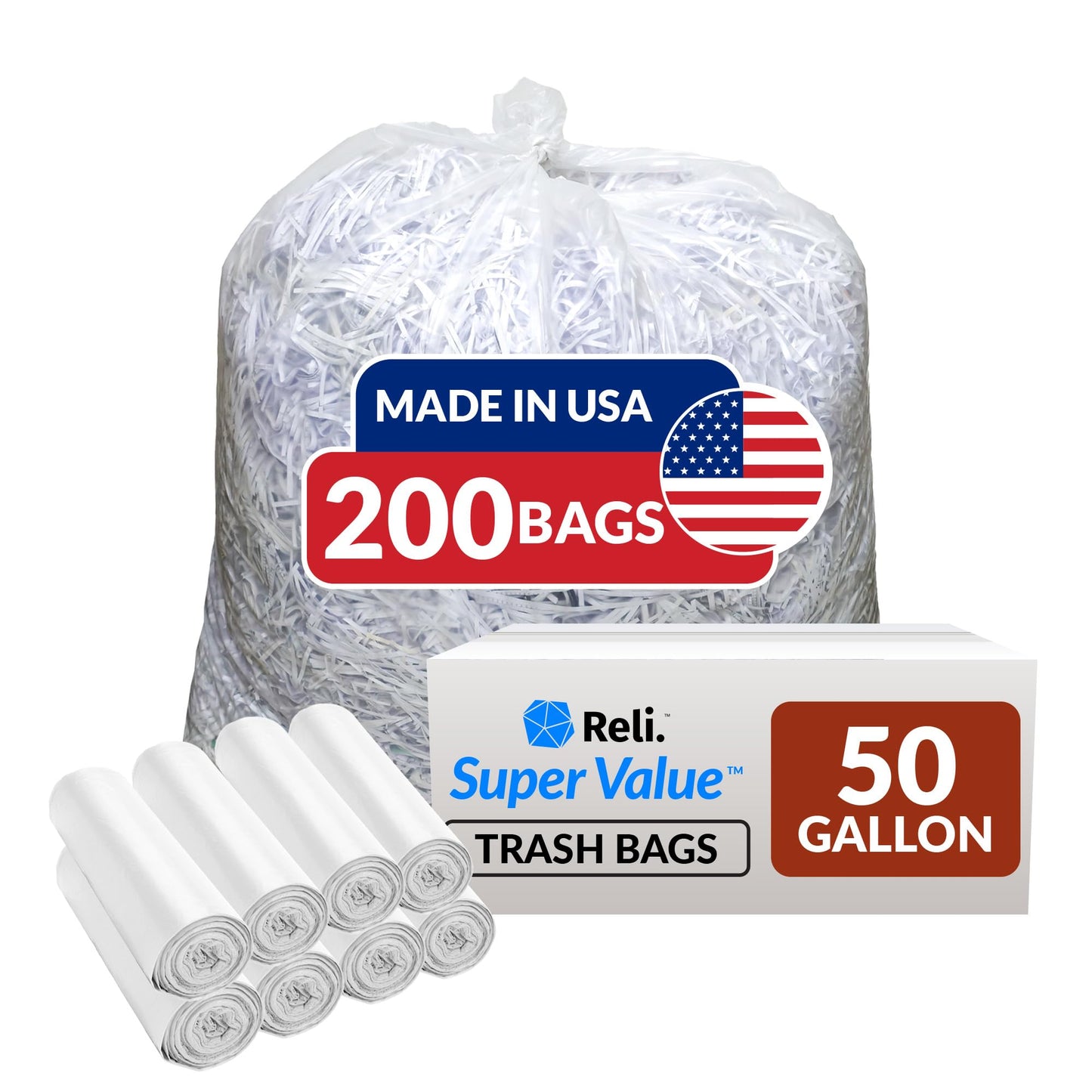 Reli. Premium 50 Gallon Trash Bags | 200 Count | Made in USA | Heavy Duty | Bulk | SuperValue | Clear Multi-Use Garbage Bags