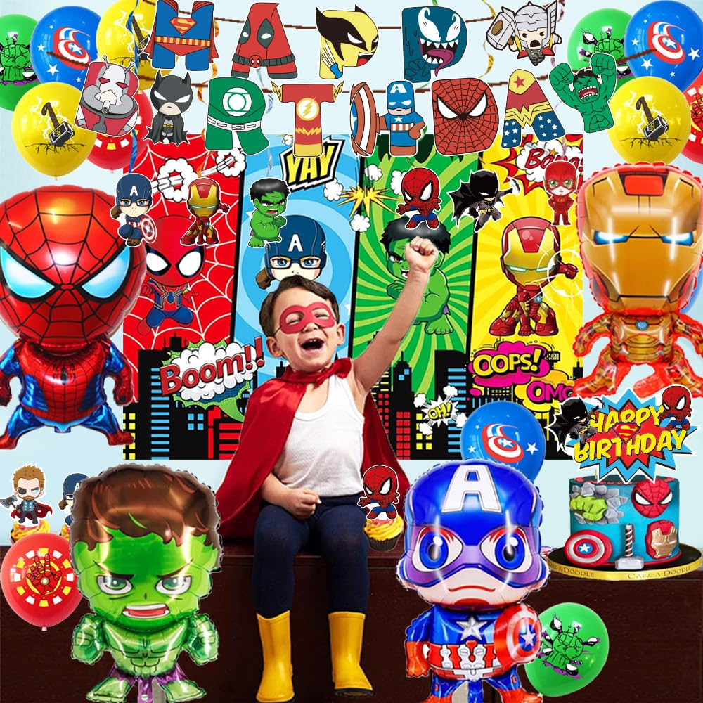Avenger Theme Birthday Party Supplies Decorations, Including Birthday Banner, Tablecloth, Backdrop, Hanging Swirls, Balloons, Cake Toppers, Plates, Forks, Spoons for Cool Party