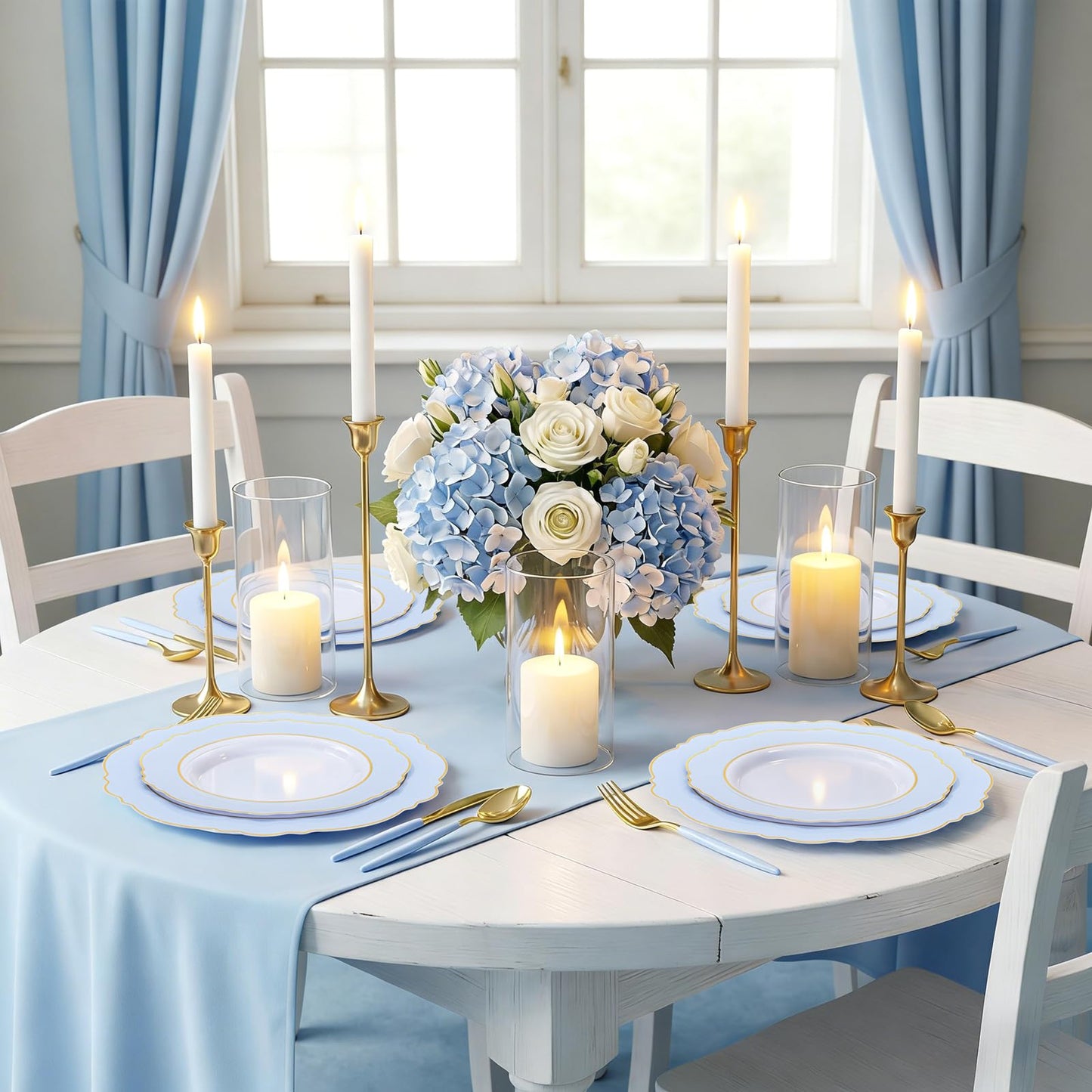 WDF 150pieces Baby Blue Plastic Plates with Gold Rim - Disposable Gold Plastic Silverware With Blue Handle-Baroque Light Blue&Gold Disposable Plates Dinnerware for Wedding/Party/Baby Shower