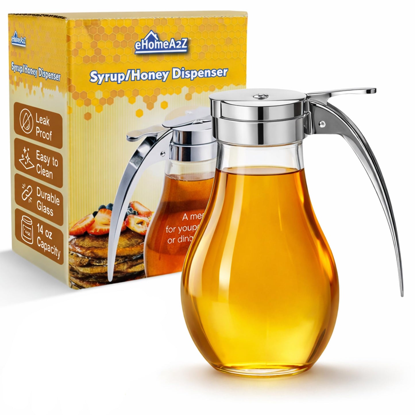 EHOMEA2Z Glass Honey Dispenser, 14 oz Syrup Dispenser with Metal Top, Maple Syrup Dispenser for Kitchen & Dining Table (1, 14 Oz)
