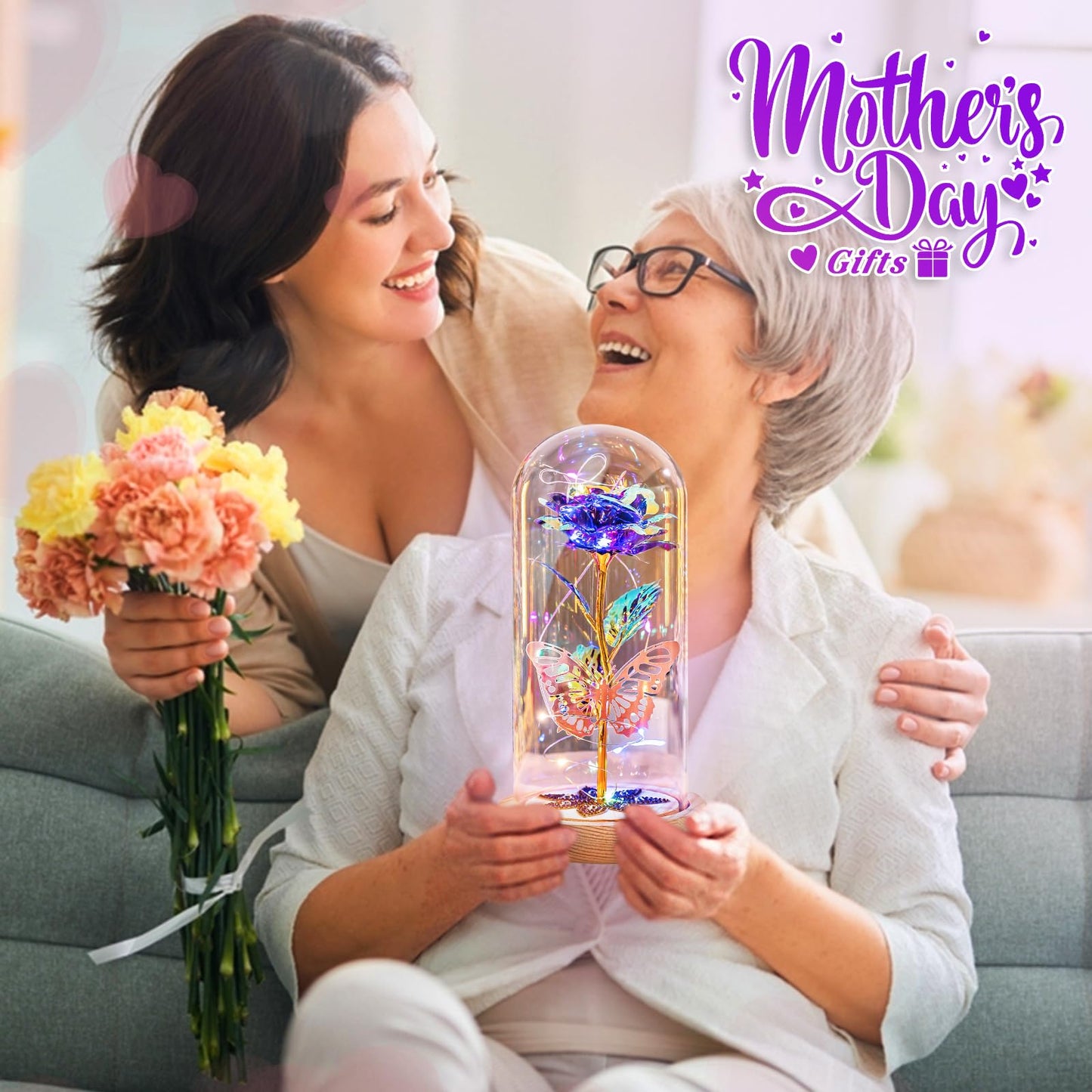 Mothers Day Rose Gifts for Mom Galaxy Glass Roses Preserved Forever Flowers for Delivery Light Up Rose in Glass Dome Anniversary Birthday Gifts for Women Grandma Wife Her Daughter Friend Purple