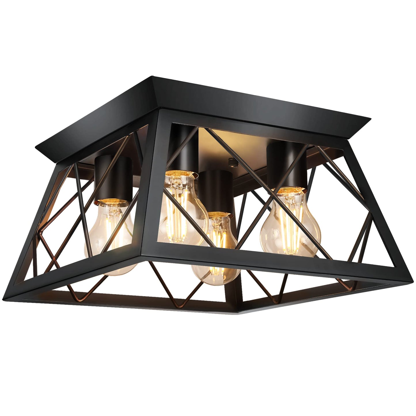 FadimiKoo 4-Light Black Flush Mount Ceiling Light for Kitchen Hallway, Industrial Close to Ceiling Lighting, Farmhouse Square Cage Lamp for Dining Room, Living Room, Bulb Not Included