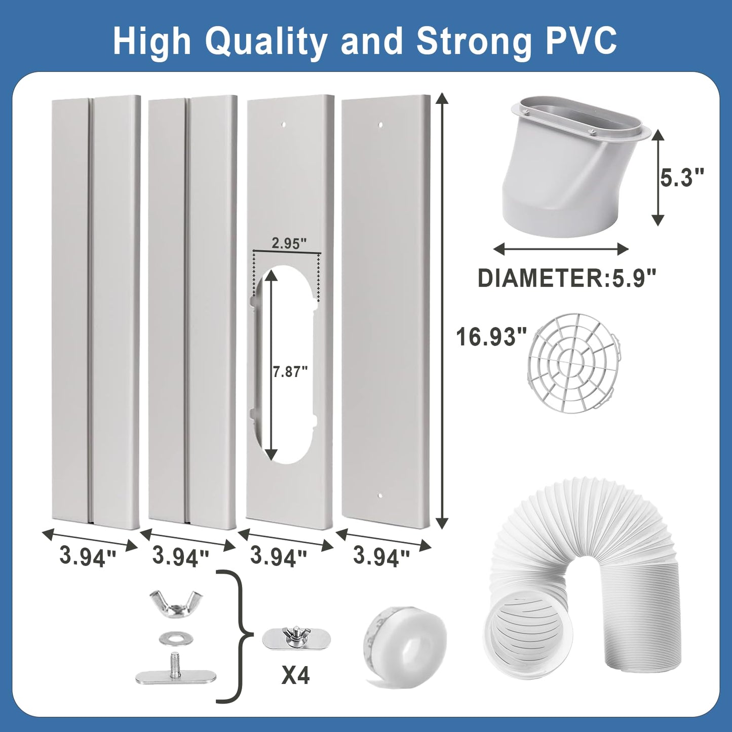Portable AC Window Vent Kit, Adjustable Vertical/Horizontal Sliding Window Kit Plate for AC Unit, Seamless Portable AC Window Seal With 5.9 Inch Diameter, 59 Inch Length Exhaust Hose