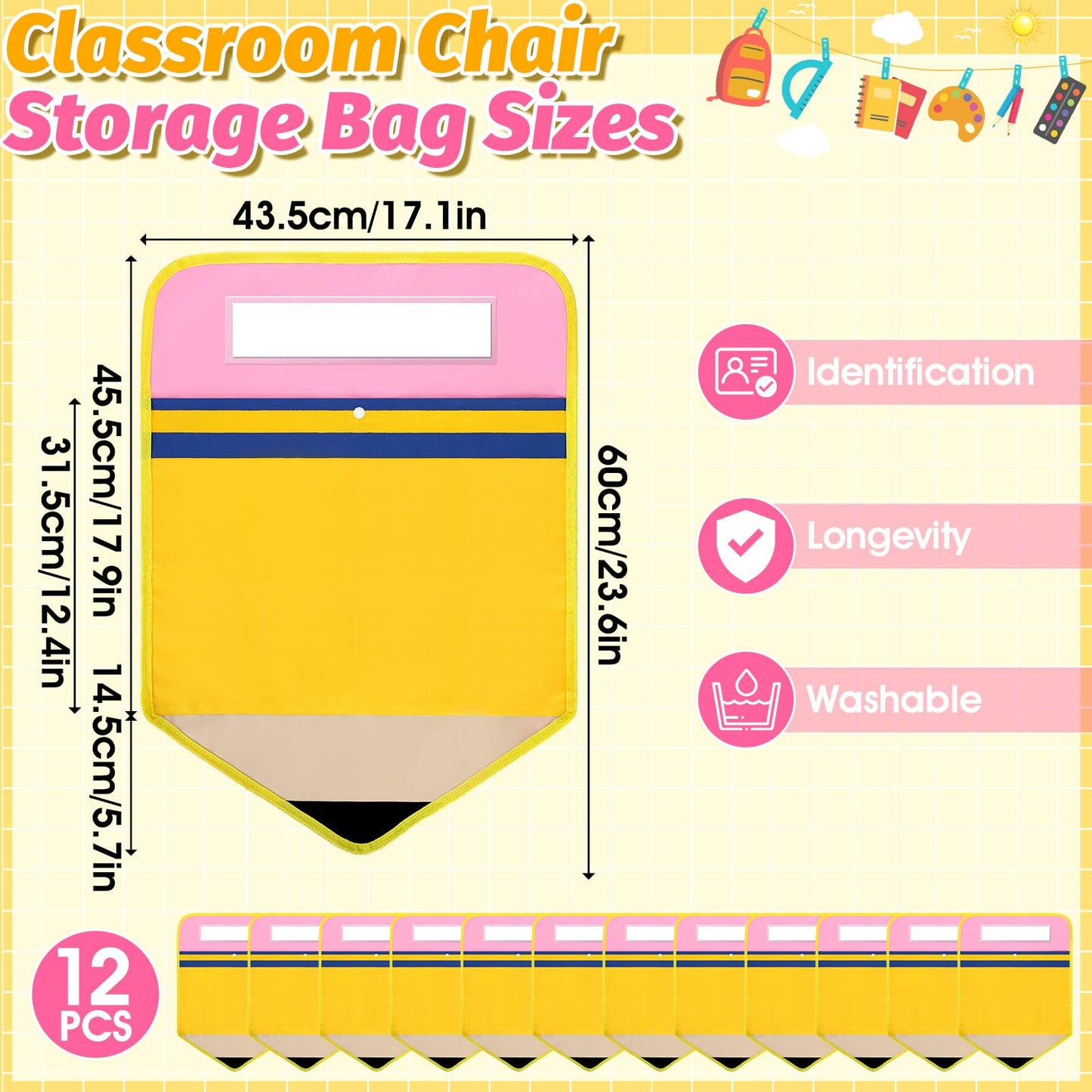 12 Pack Pencil Chair Pockets for Classrooms 17x18 Inch Seat Sacks with 12 Name Slots Chair Back Buddy Student Back of Chair Organizer for K-2 Seat Supplies