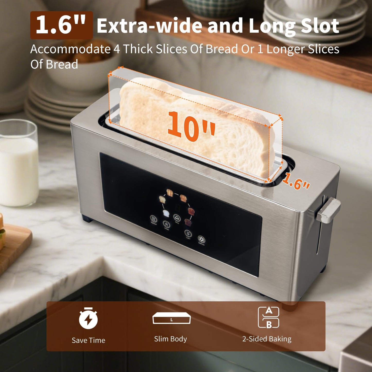 BBday 2 Slice Toaster with Touch Screen, Slim Toaster For Long Slice, 1.6" Wide Slot, 6 Browning Levels, 1000W Fast Heating, Slim Stainless Steel Design for Bagels, Baguettes, Compact Kitchen & RV Use