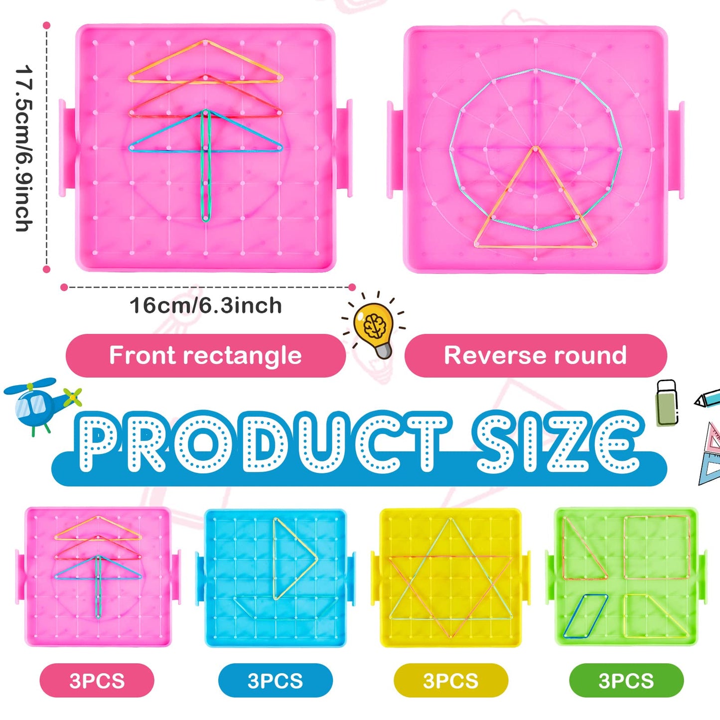 Deekin 50 Pcs Double Sided Geoboard Mathematical Kids Geoboards with Rubber Bands Math Manipulatives Toy for Geometry, 6.9 x 6.3 Inches Classroom Back to School