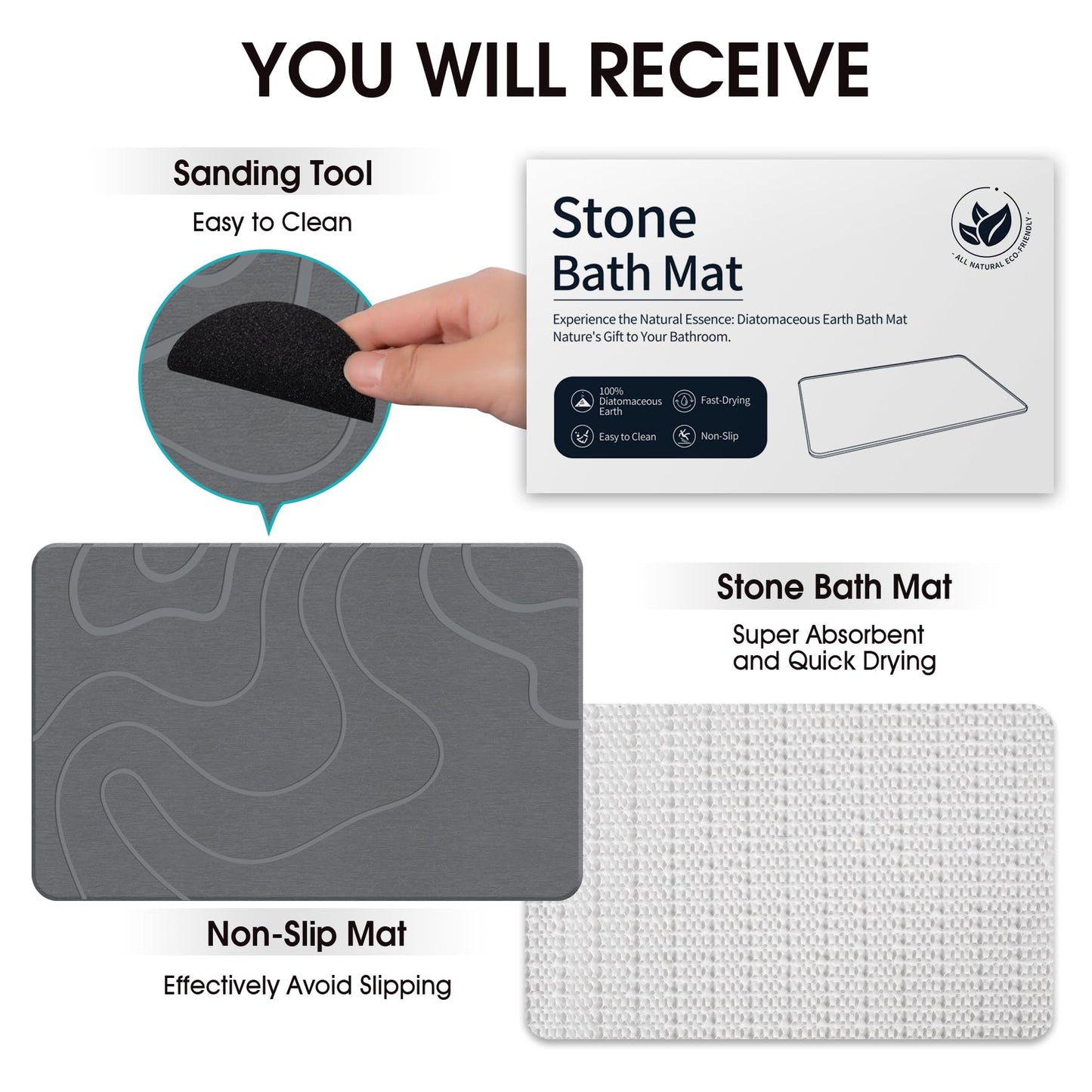ZIKIBL Stone Bath Mat Diatomaceous Earth Shower Mat Non-Slip Super Absorbent Diatomite Stone Mats for Bathroom Floor Quick-Drying Easy to Clean (24''*16'' Grey)