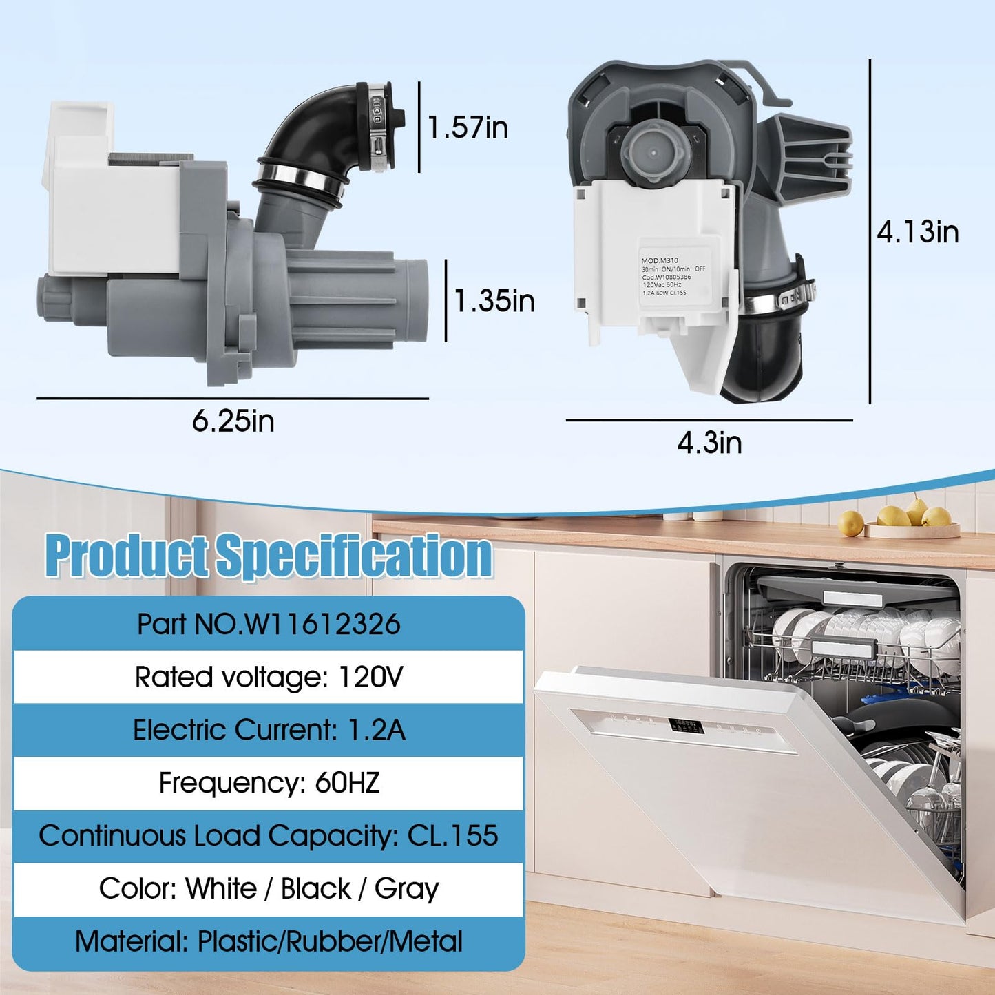 W11612326 W10805386 Dishwasher Circulation Pump & Motor Assembly Compatible with Whirlpool Kenmore Amana Maytag, Replaces W10879262 PS16744934 W11521435 AP7193729