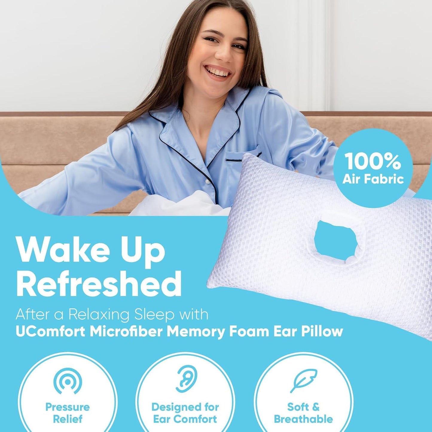 Ear Piercing Pillow for Side Sleepers alleviating Any Ear Pain and Inflammation. Small Sized 10"x18" Ear Pillow with Travel Bag, UComfort