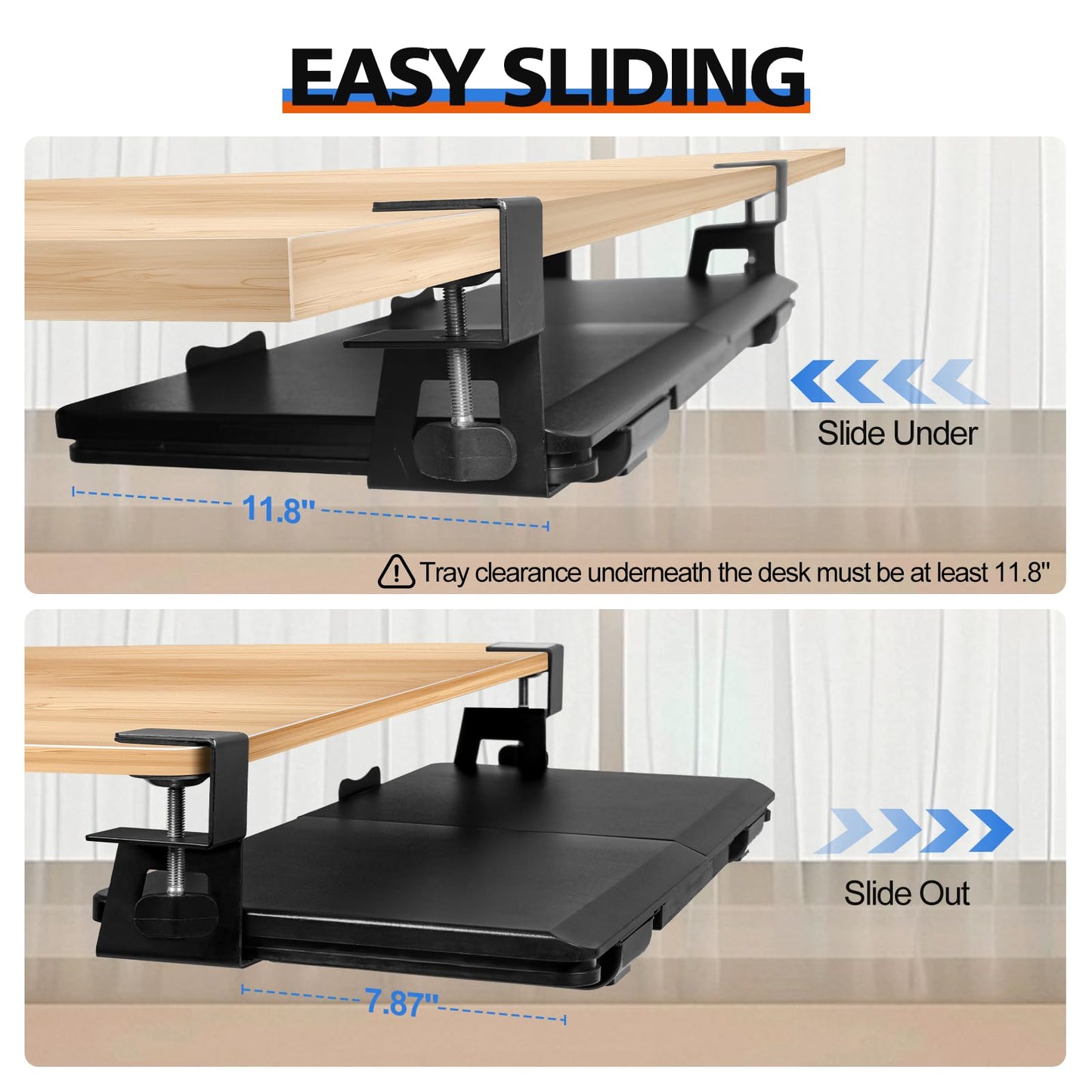 OUKMIC Large Keyboard Tray Under Desk Slide Out with Sturdy C-Clamp Mount and Storage Drawer, 27" (31" Including Clamps) x 12" Ergonomic Keyboard Trays for Home and Office, Black