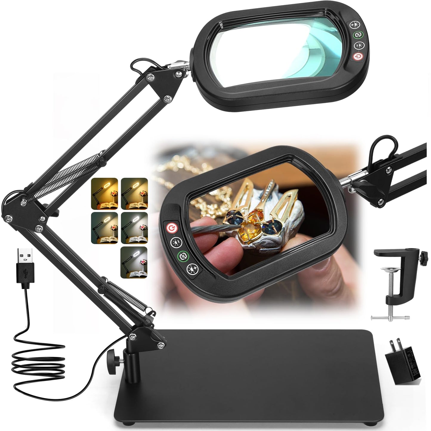 Veemagni 12X Rectangle Magnifying Glass with Light and Stand, 5 Color Modes Stepless Dimmable, 2-in-1 LED Lighted Desk Lamp & Clamp, Hands Free Magnifier for Reading Crafts Repair Painting Close Work