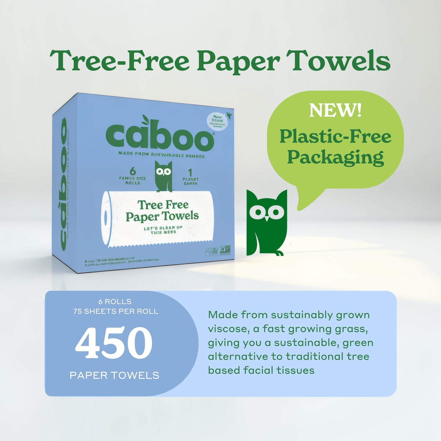Caboo Tree Free Paper Towels, 6 Rolls, Plastic Free & Eco Friendly, Earth Friendly, Sustainable Kitchen Paper Towels with Strong 2 Ply Sheets