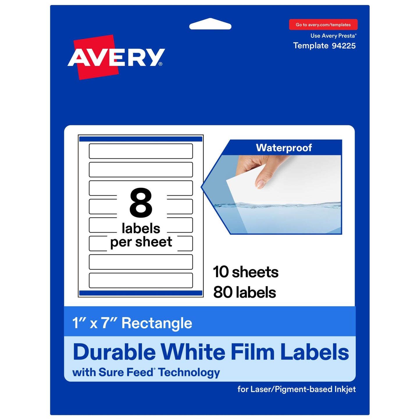 Avery Printable Durable White Rectangle Labels, Sure Feed Technology, 1" x 7", Print-to-the-Edge, Waterproof Labels, Laser & Pigment-Based Inkjet Compatible, 800 Total