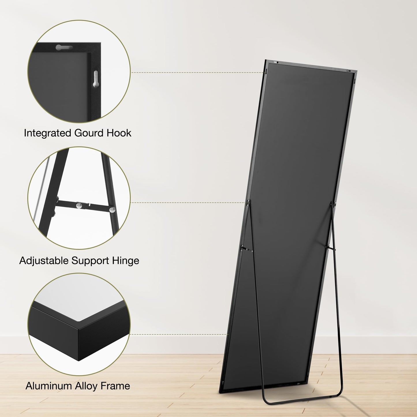 DUMOS Full Length Mirror 64"x21" Full Body Floor Mirror for Bedroom or Cloakroom, Can Stand Alone, Hang or Lean Against Wall, Tall Wall Mirror with Stand, Black