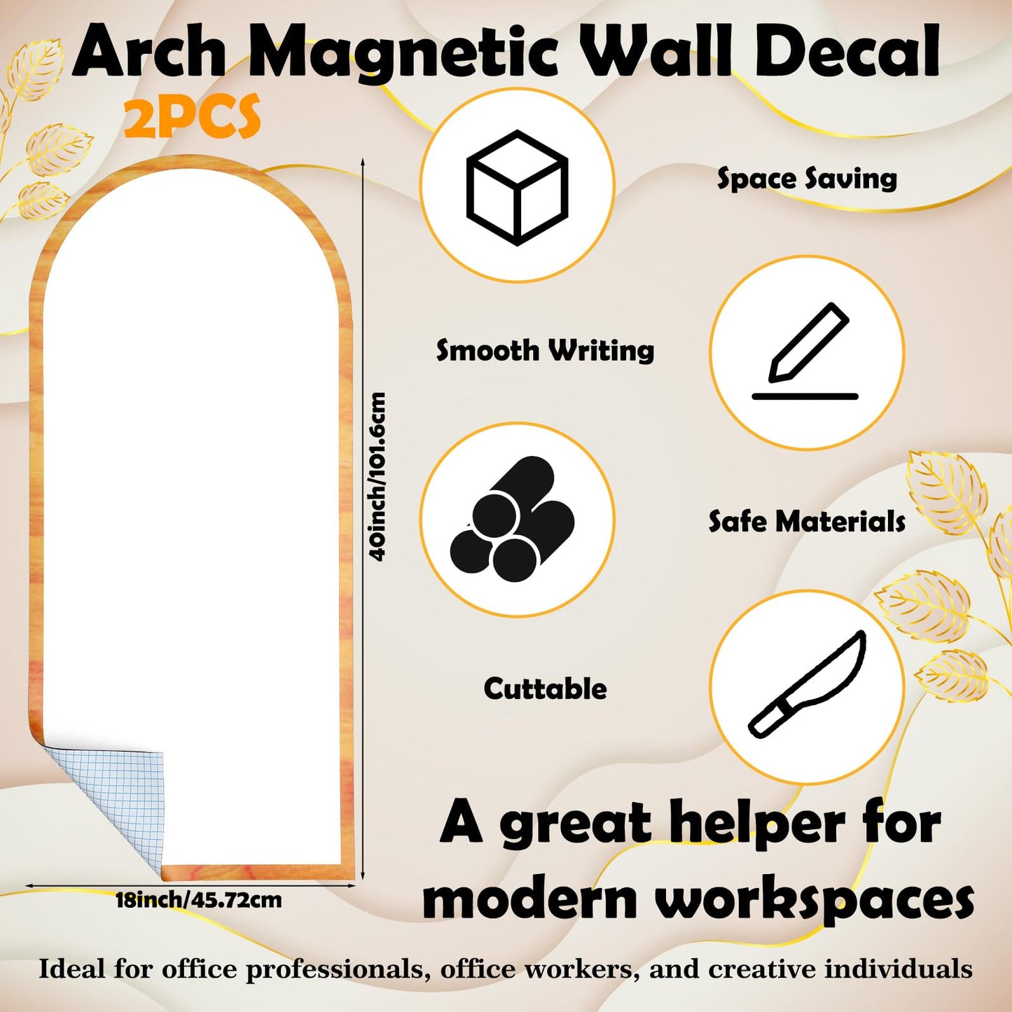 FunooFuno 2 Pcs Magnetic Wall Arch Decal 40"x 18" White Magnetic Wall Whiteboard with Wood Grain Borders Adhesive Magnet Dry Erase Board Sticker for Home Offices Classrooms