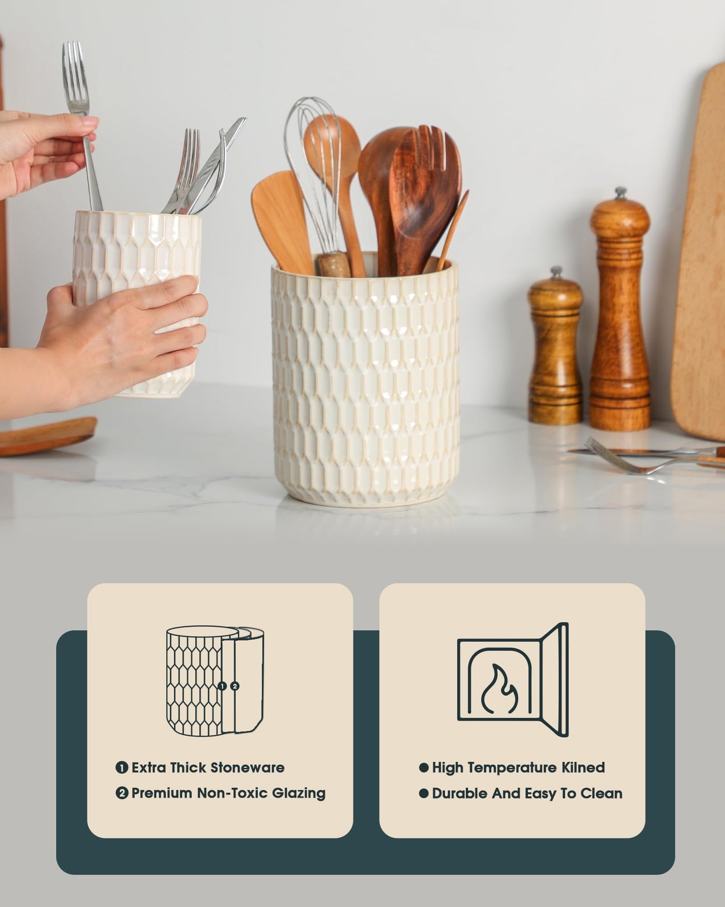 ArteBake Utensil Holder, 7.5"+5.3" Ceramic Kitchen Utensil Holder for Countertop, Large Cooking Utensil Crock for Kitchen Counter, Set of 2, Beige