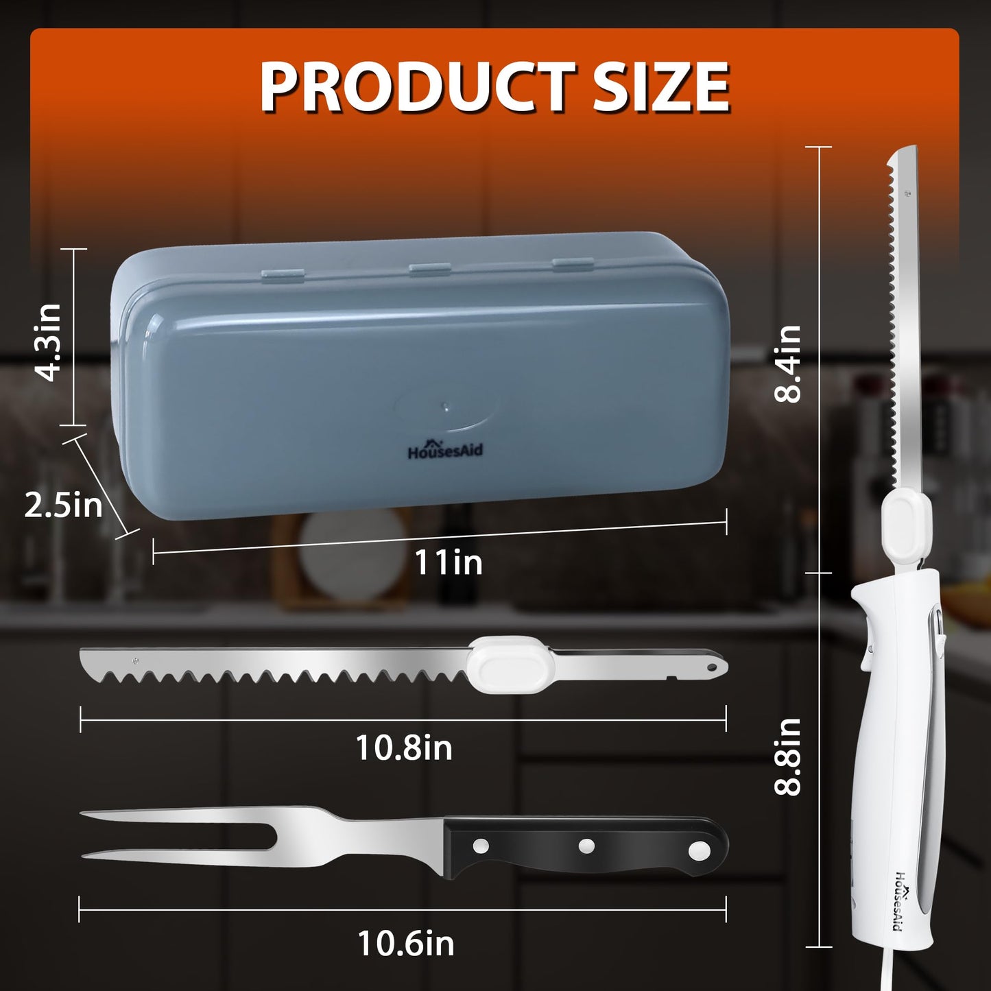 HousesAid Electric Knife,Wired Electric Carving Knife Set with Two Serrated Stainless Steel Blades,Carving Fork,with Non Slip Handle,Safety Lock and Storage Case for Meat,Bread,Other and Foods