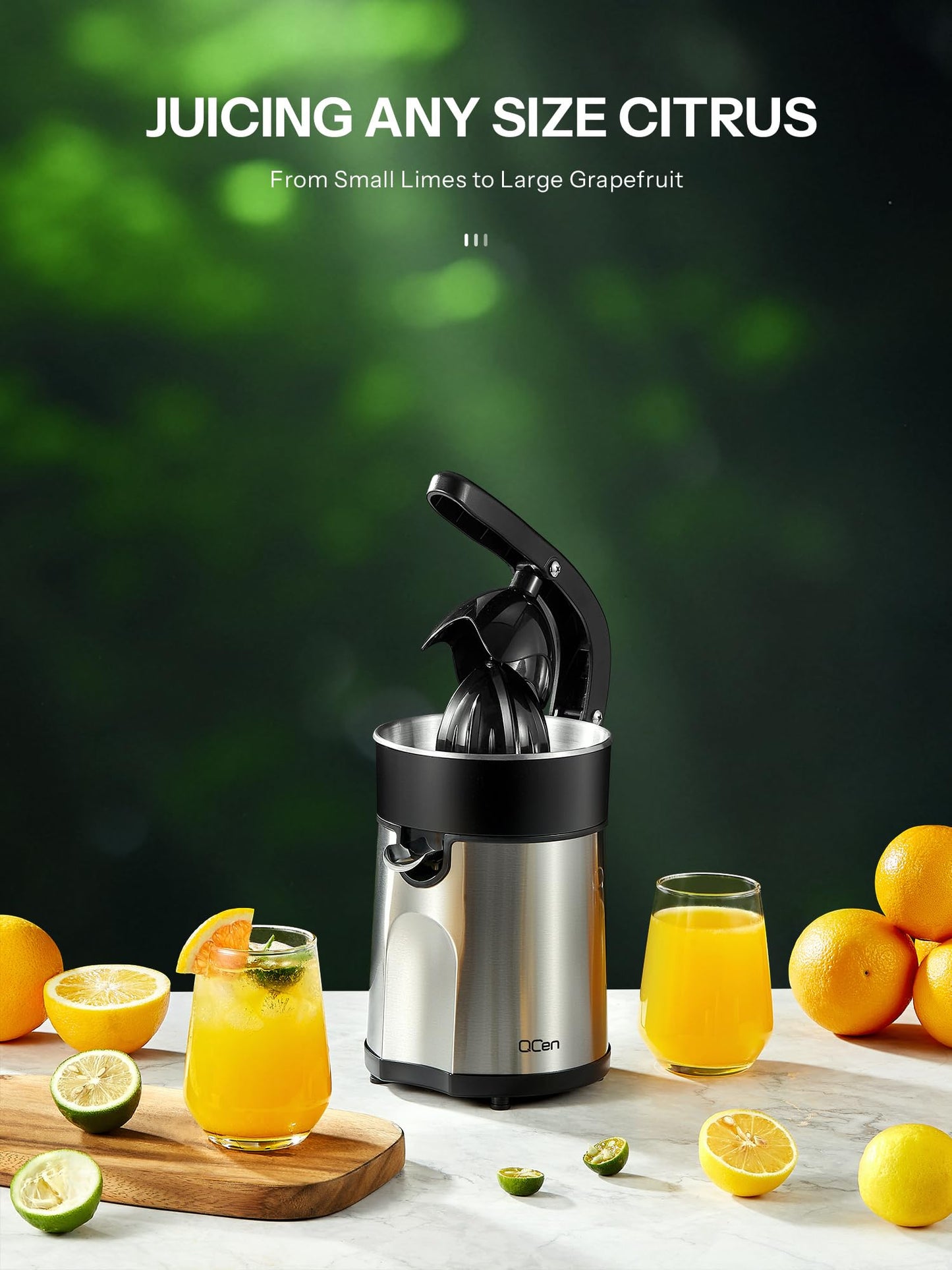 Professional Brushed Stainless Steel Electric Citrus Juicer, 2 Interchangeable Cones for Orange, Lemon & Grapefruit, Easy Clean, Durable Design & Effortless Operation