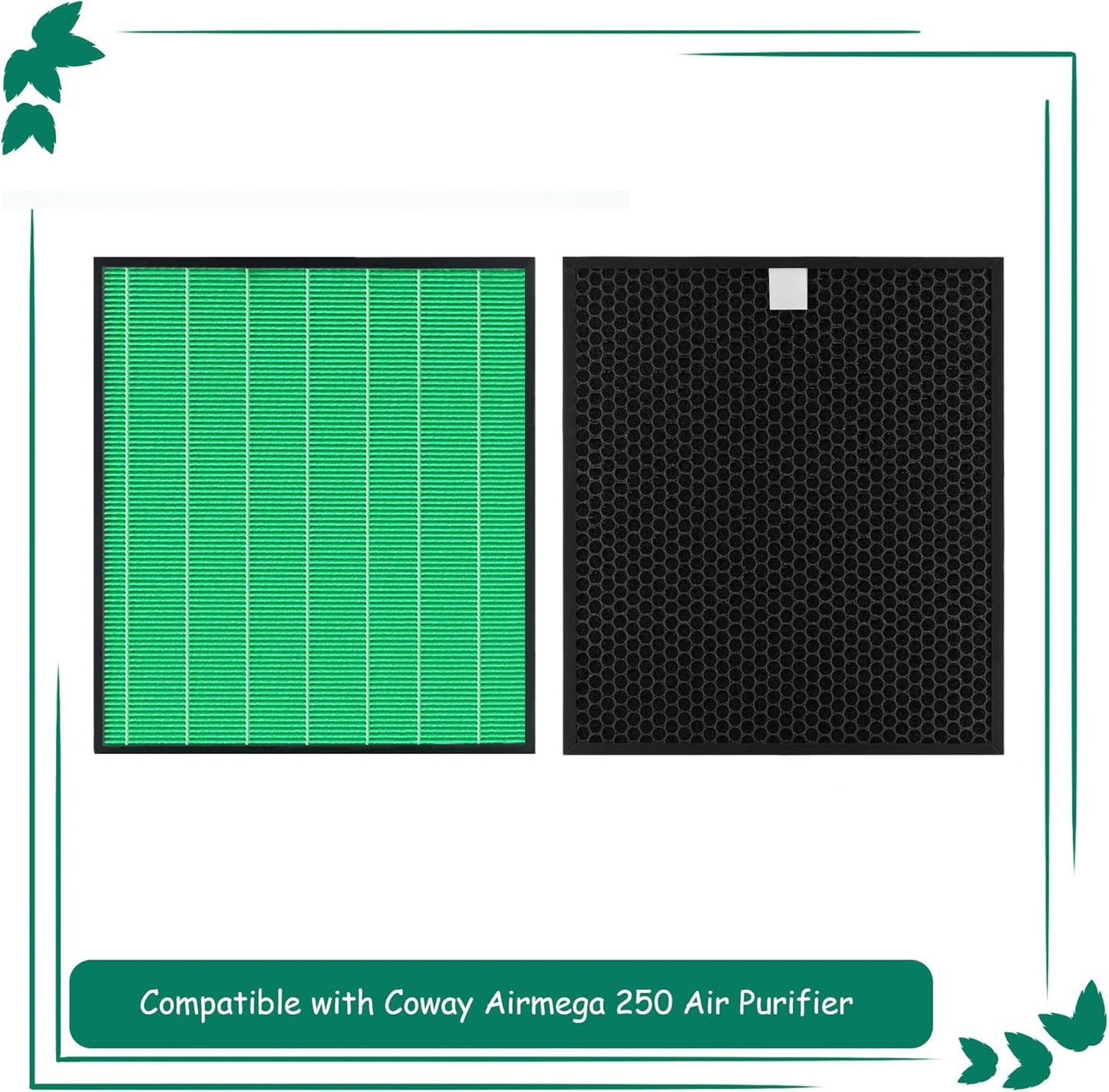 Asheviller Airmega 250/250S Filter Replacement, Compatible with Coway Airmega 250S and Coway Airmega 250 Air Purifier, Max 2 Green True HEPA and Active Carbon Filter, 2 Pack