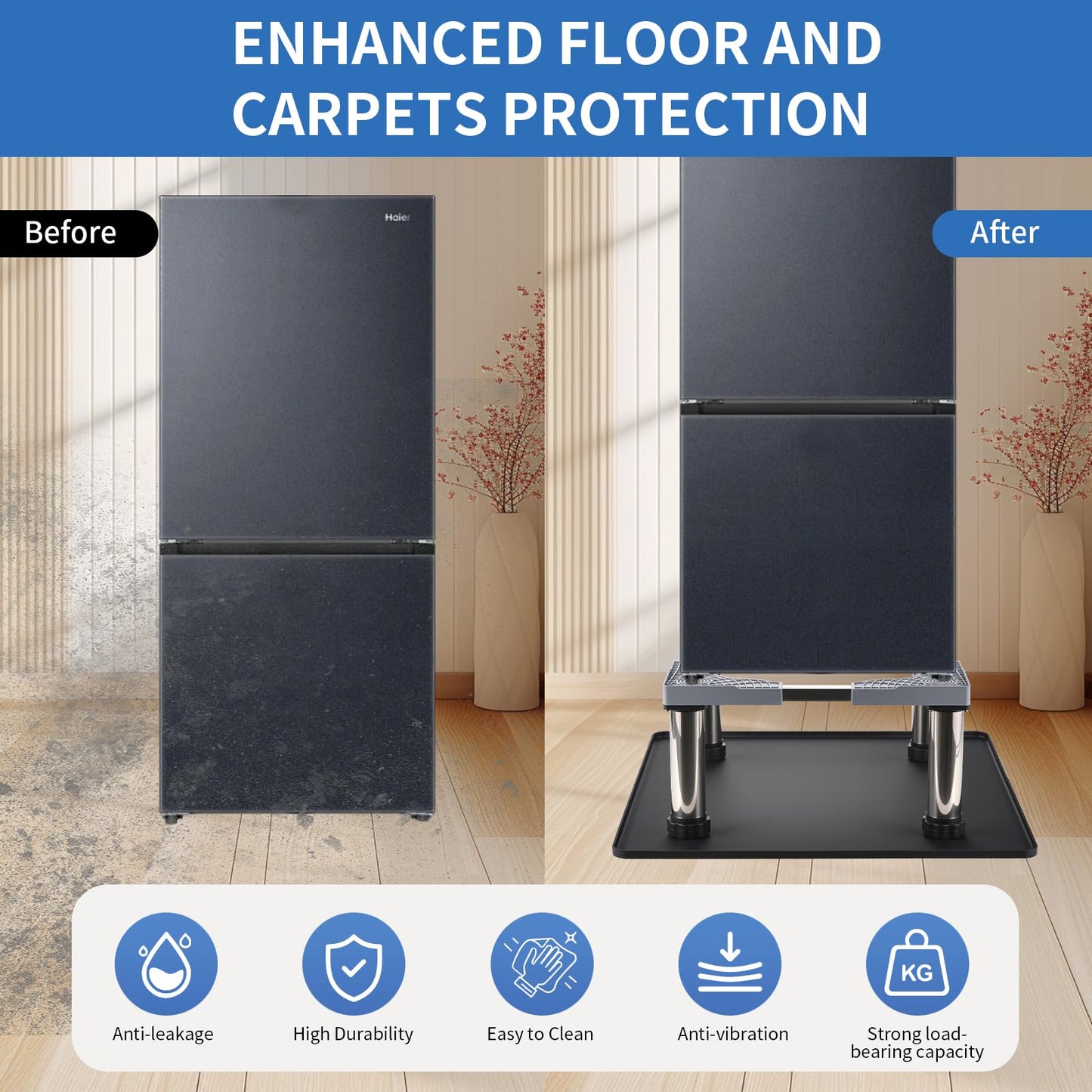 HurOutd Mini Fridge Stand with Silicone Mat, Adjustable Refrigerator Stand with 4 Stainless Steel Feet (9"-10.2" High), Suitable for Small Refrigerators, Portable Compact Washer or Dryer
