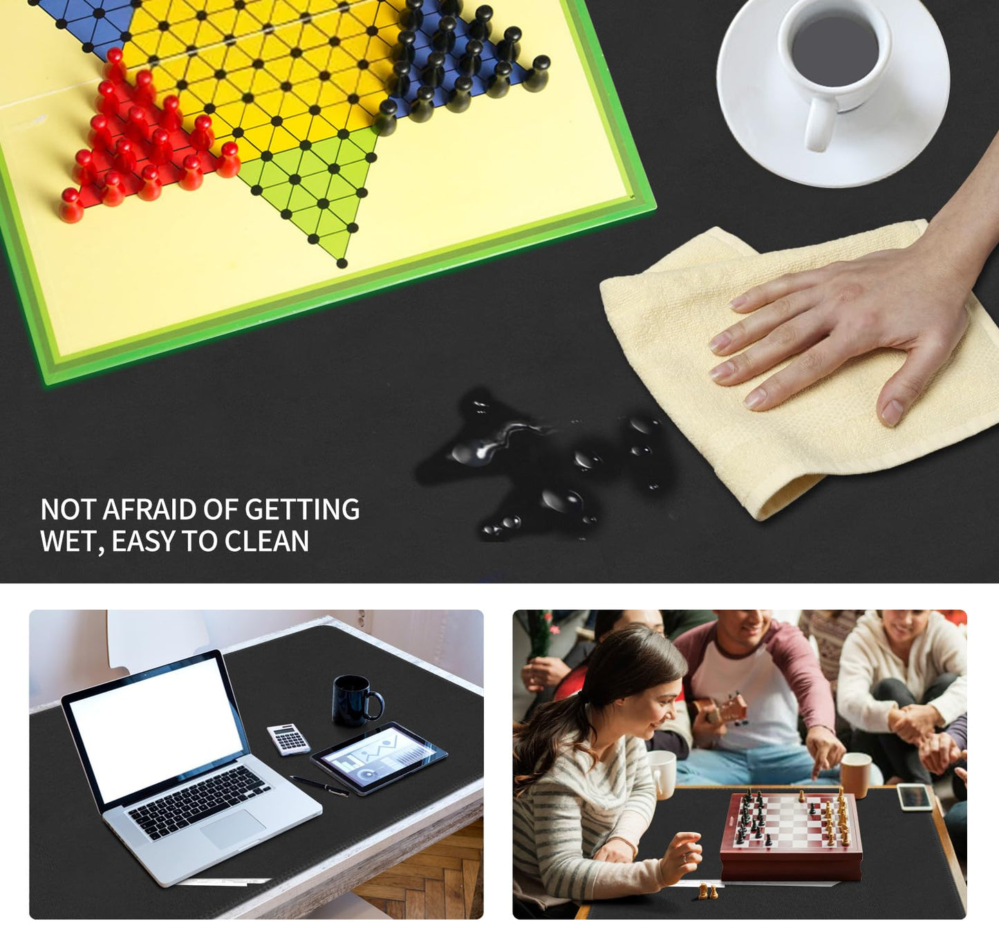 LERYG Large Tabletop Game Playmat, Water and Stain Resistant Non-Slip Desk Mat, Mahjong and Card Game MAT with Thick Stitched Edge, Cushioned Rubber Base (140 * 70cm*2mm) Black