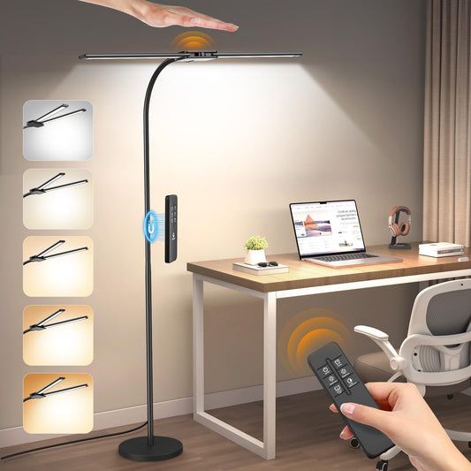 Syrinx LED Floor Lamp, 18W 2000LM Bright Reading Floor Lamp for Office, Gesture & Remote Control, Dual Head Goose-Neck Standing Lamp, Dimmable Brightness & Color Temp, Eye Caring Light for Living Room