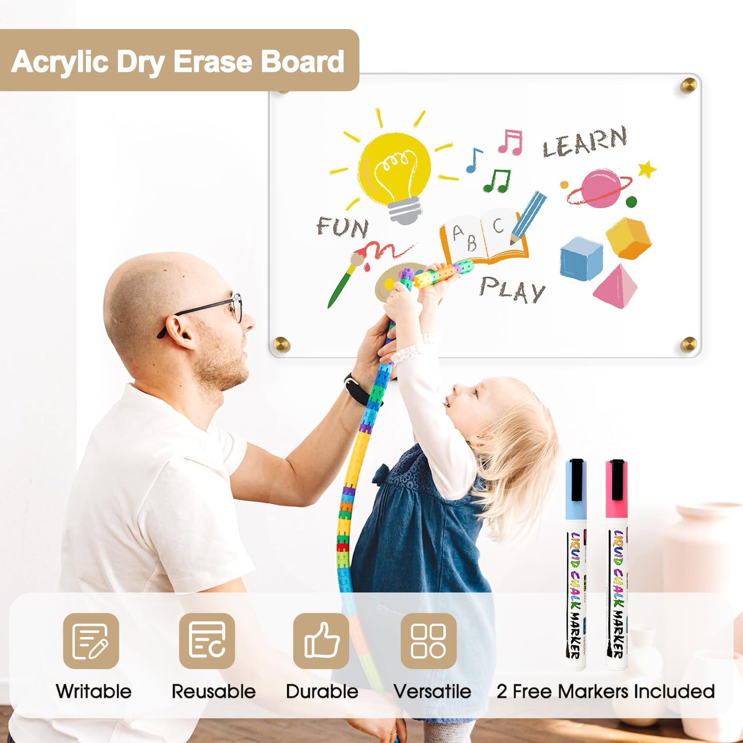 AMUSIGHT Large Clear Acrylic Dry Erase Board, 20" X 16" Golden Non-Magnetic Frameless Clear White Board for Wall, Erasable Acrylic Board for Wall, Home, Office, School, 2 Markers