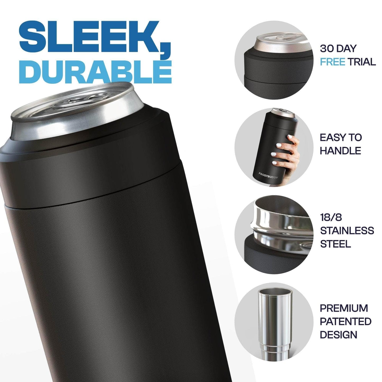 Frost Buddy Universal Can Cooler - Fits All - For Regular 12 & 16 oz or Slim-Size Bottles - Insulated Double-Walled Stainless Steel (MatteBlack)