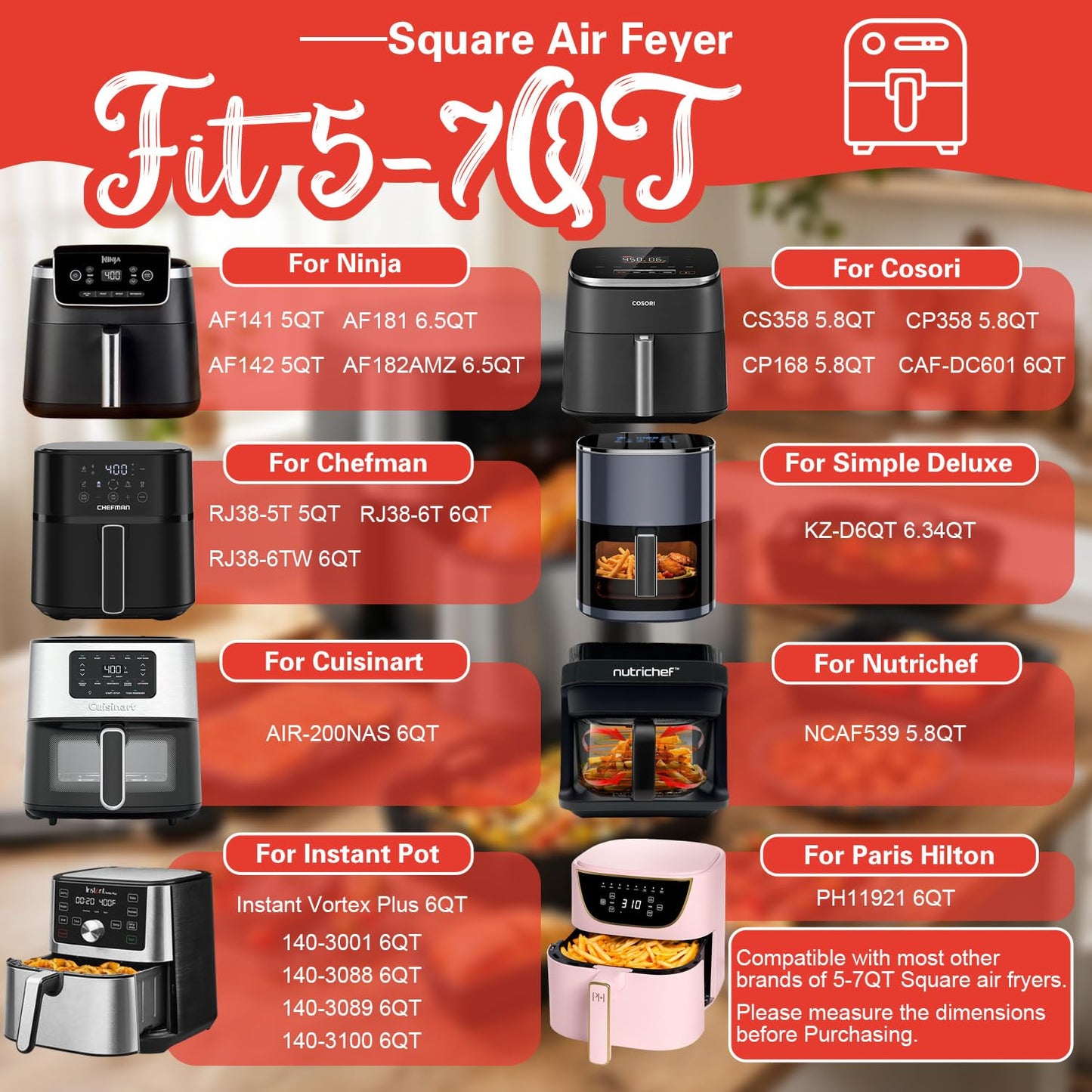 Air Fryer Accessories for Cosori TurboBlaze 6 Qt | 5.8 QT | 6.5 Qt, Ninja AF141, AF142, AF181, Chefman 6QT, 5-6.5 QT Square Basket Air Fryer Accessories Set, Silicone Liner, Grill, Baking Molds
