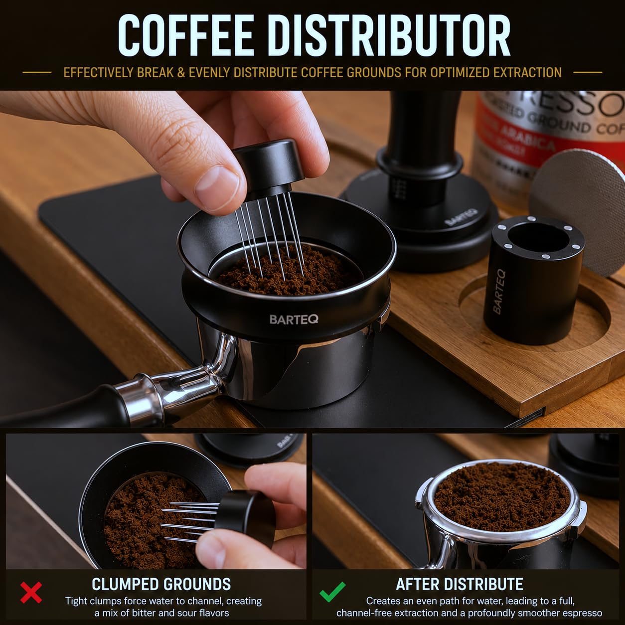 53.3mm Premium Professional Barista Kit 4-in-1: Double Spring Loaded Self-Leveling Espresso Tamper with WDT Tool, Dosing Funnel & Anti-Slip Base. Anodized Aluminum for 53mm - 54mm Portafilters.