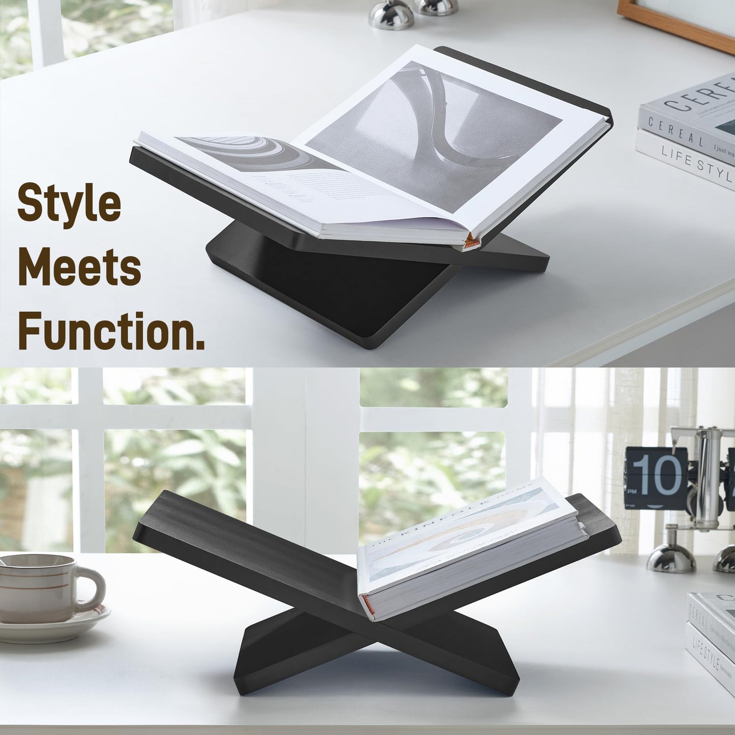 DECORANY Solid Wooden Book Stand for Desktop Display & Reading –15.7" x 9.4" x 5.7” Extra Large Wood Open Book Holder for Cookbook, Bible, Recipe, Textbook, Magazine (Solid Black Finish Wood)