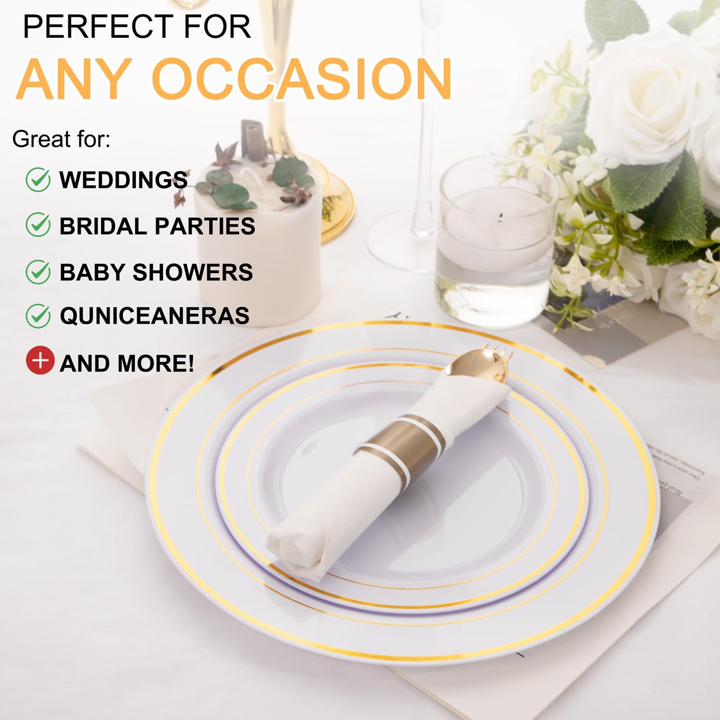 Joyido 400PCS Pre Rolled Gold Plastic Silverware Sets - Heavy Duty Gold Cutlery - Include 100 Pack Wrapped Disposable Utensils with Napkins for Parties, Dinners & Weddings