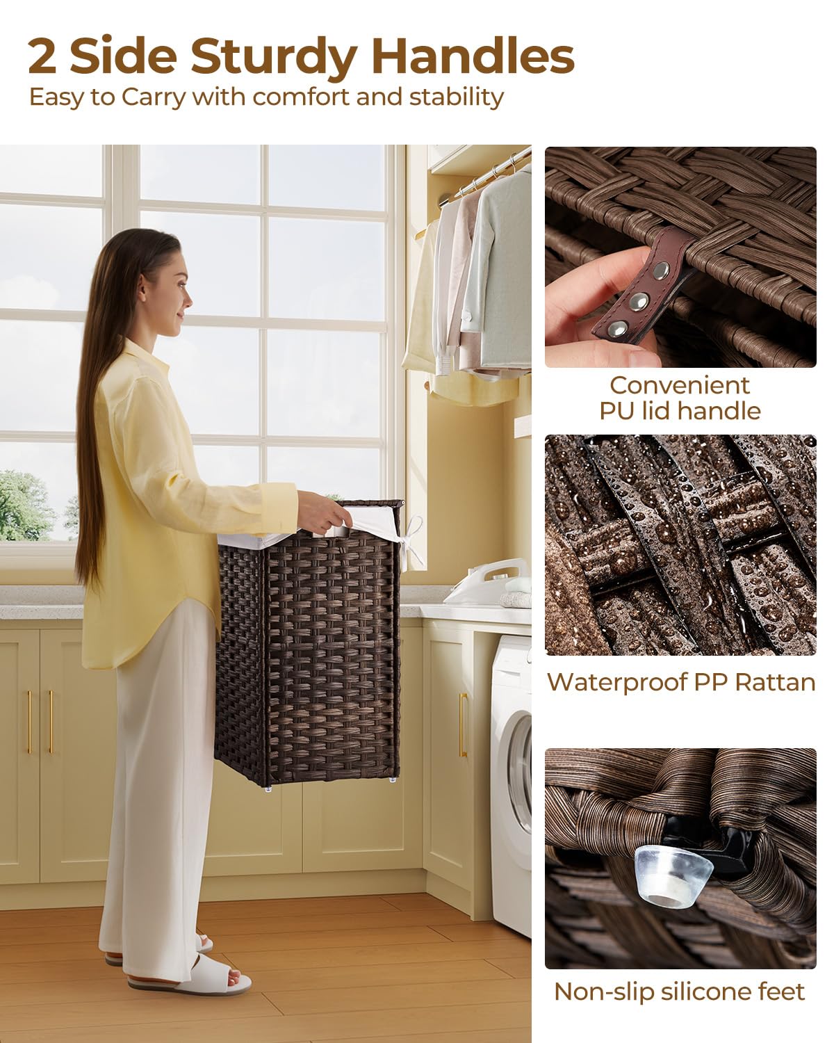 Greenstell Laundry Hamper with Lid, 90L Clothes Hamper with 2 Removable Liner Bags & 2 Mesh Laundry Bags, Handwoven Synthetic Rattan Laundry Basket for Clothes, Toys in Bathroom, Bedroom Brown