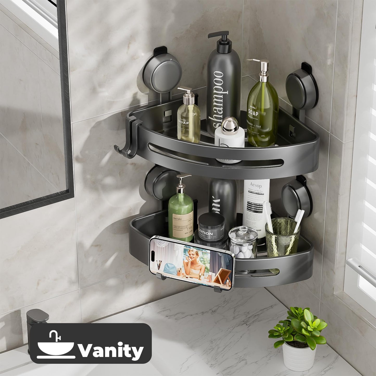 ONXE Corner Shower Caddy Suction Cup,Shower Shelves with Hooks,No Drilling Powerful Upgrade Suction Bathroom Corner Organizers and Storage,Removable Waterproof Rustproof Shower Shelf Bathroom Decor