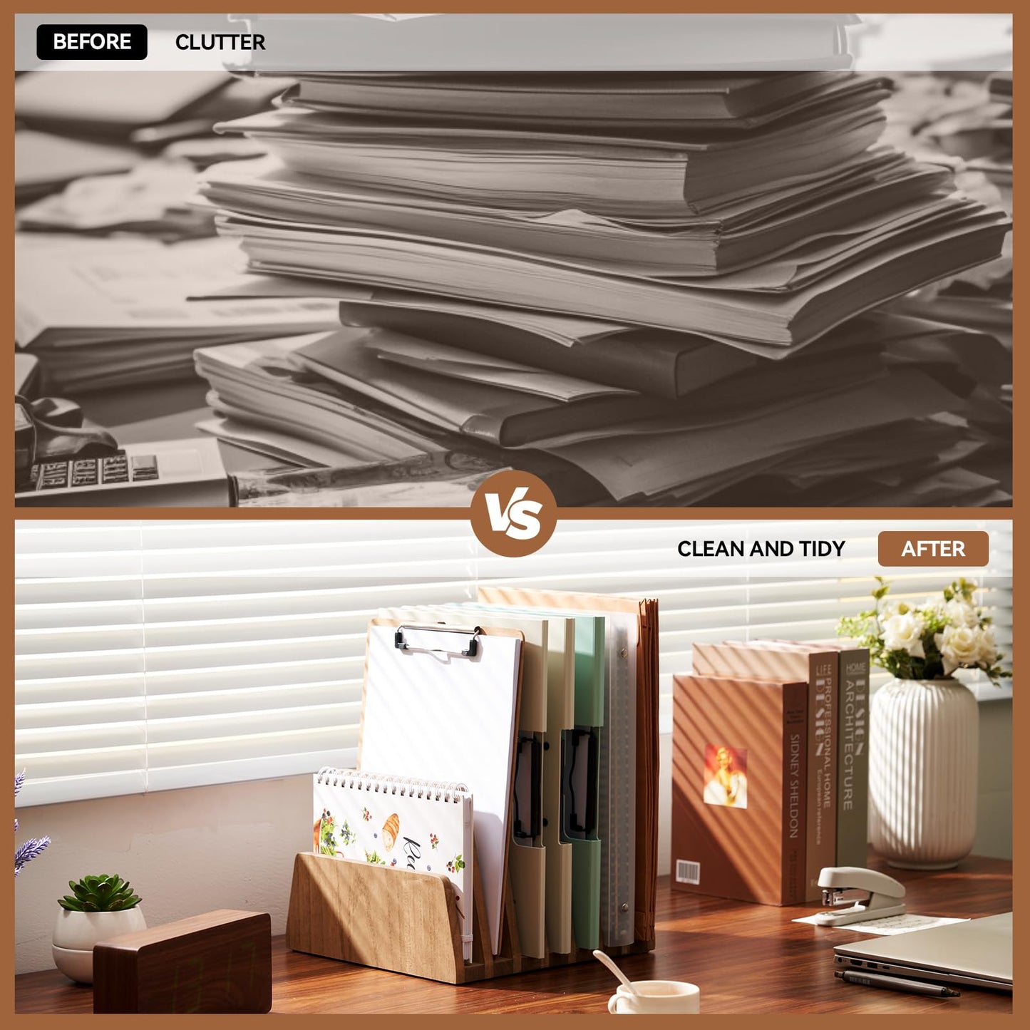 KIRIGEN Wooden Desk Mail Organizer, 7-Slot File Holder and Letter Sorter Wood Document Hlder for Mail, Folders, Bills, Papers, Home Office, Classroom, Countertop, No Assembly Brown 7KWJJ-DBR