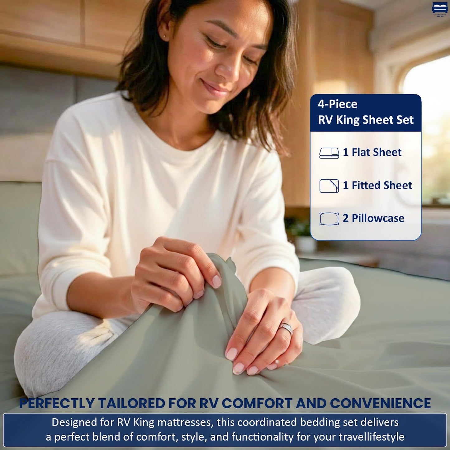 Cottingon RV King Sheets 72 x 80,Luxury Soft 100% Egyptian Cotton, 4 Pcs Camper Bedding Set to Fit Upto 15" Deep Custom RV Mattress, Light Grey Solid