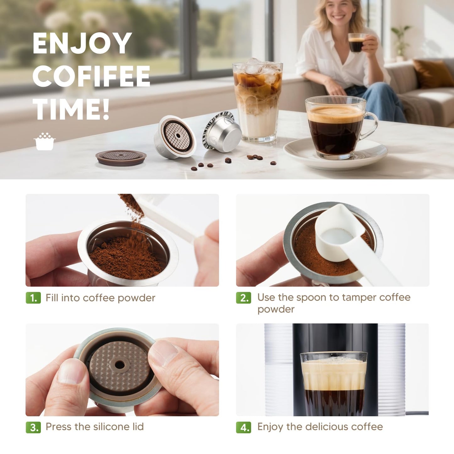 2pcs Reusable Pods for Nespresso Vertuo Machine, Stainless Steel 7.7oz Refillable Coffee Capsule Set with 2 Silicone Lid,1 Spoon,1 Brush,Coffee Accessories for Nespresso Vertuo Machine (2 Lids+2 Pods)
