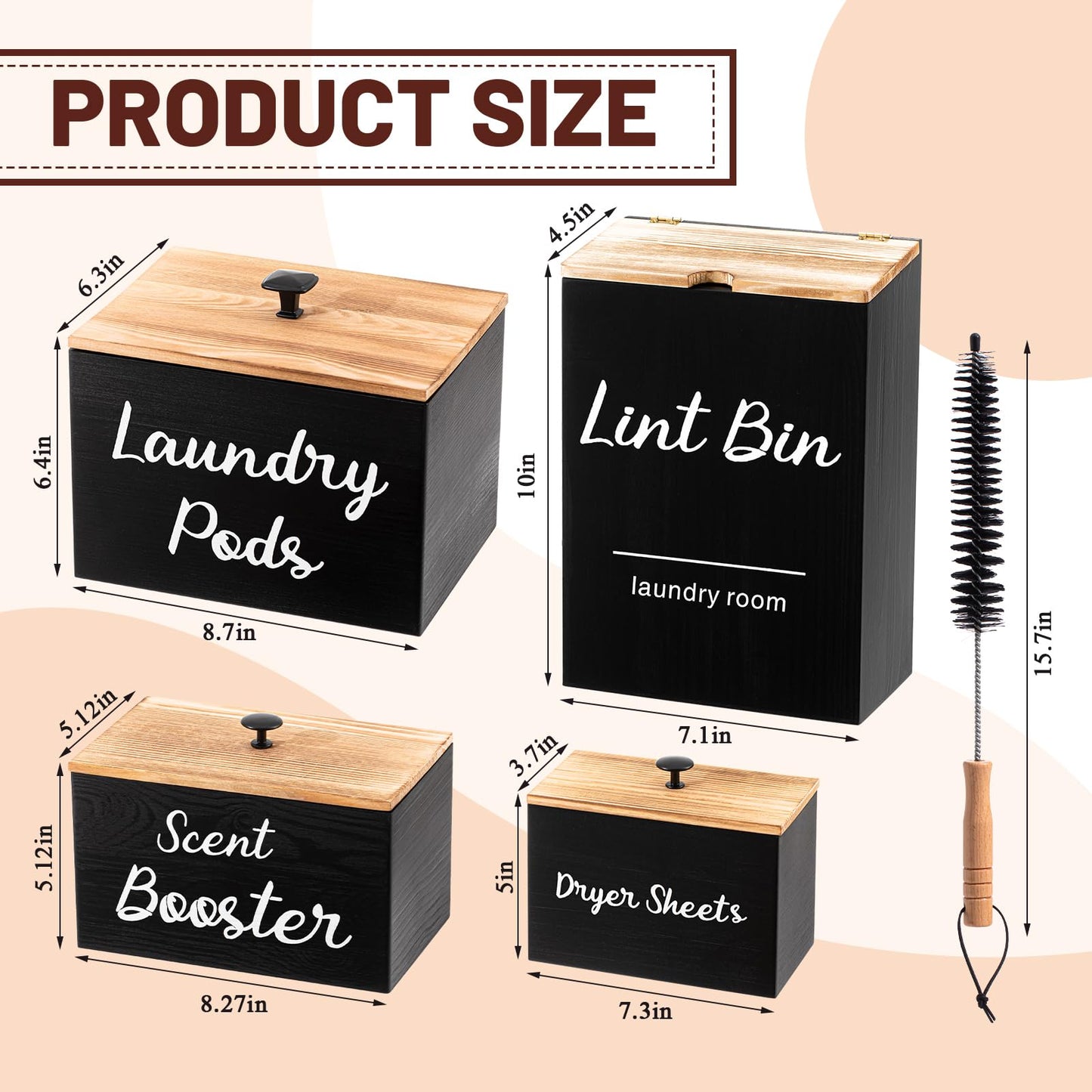 Dandat 4 Pcs Magnetic Laundry Room Organization and Storage Set, Lint Bin with Scoop and Brush Dryer Sheet Holder Laundry Pod Holder Scent Booster Container, Wood Farmhouse Room Container Gift(Black)