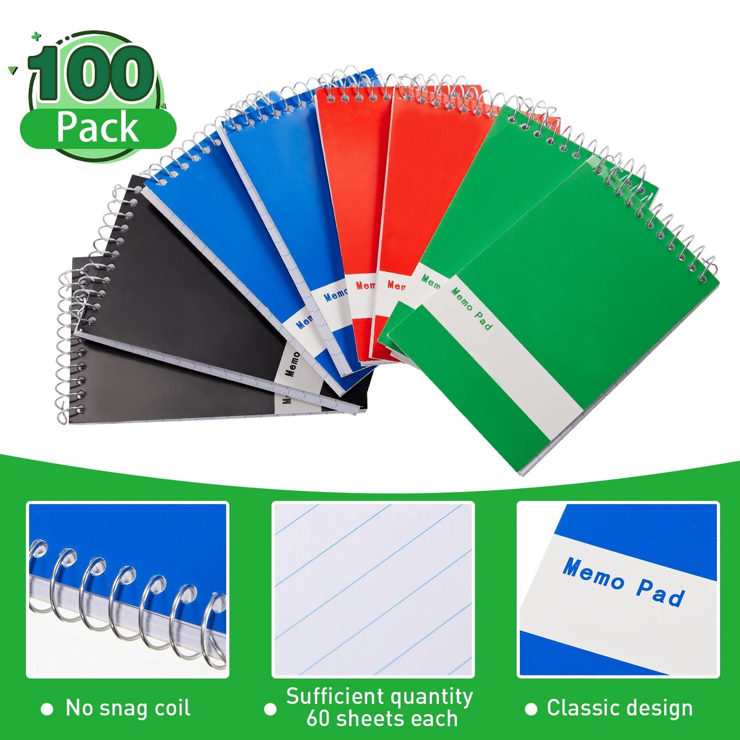 Thenshop 100 Pads Spiral Memo Pads Bulk 3 x 5 Inch Small Pocket Notepad Top Bound Lined 60 Sheets Mini Notebooks for School College Office Home Supplies (Black,Green,Dark Blue,Red)