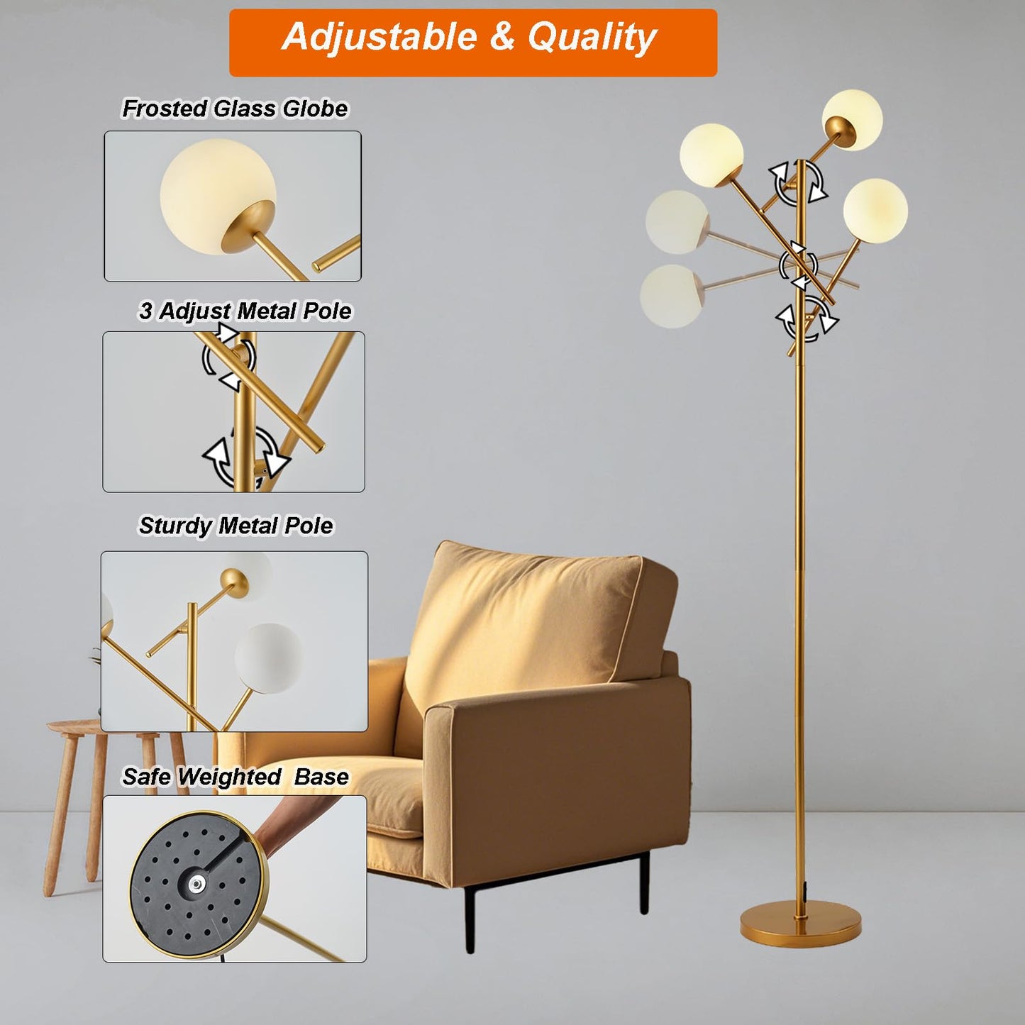 Fiqevs 3-Globe Floor Lamp - Adjustable Mid Century Modern Stand Lamp with Warm White LED Bulbs for Living Room, Bedroom - Antique Brass/Gold