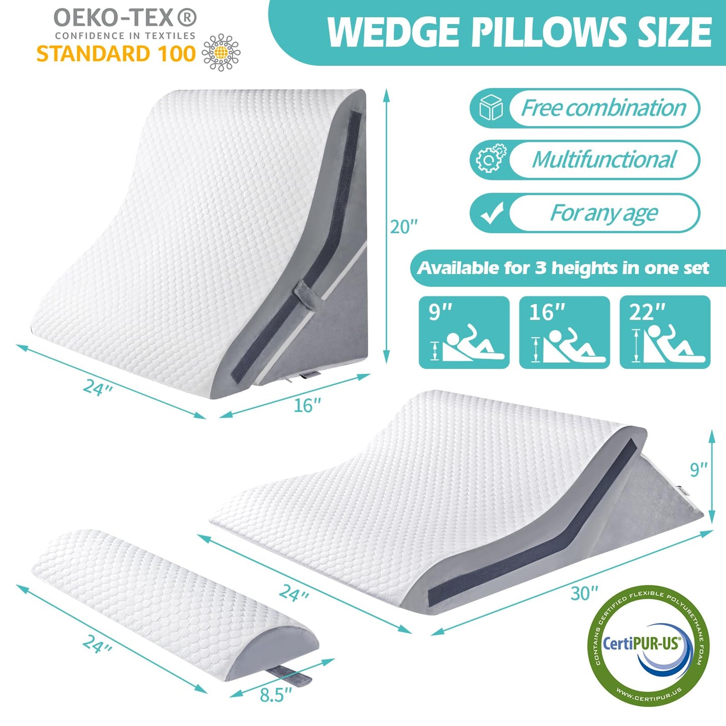 Wedge Pillow for Sleeping, Orthopedic Bed Wedge Pillow Set, 15-in-1 Adjustable Memory Foam Wedge Pillow Post Surgery, 9 &16 & 20 inch Height 3-in-1 Incline Pillows Wedges for Acid Reflux/Snoring