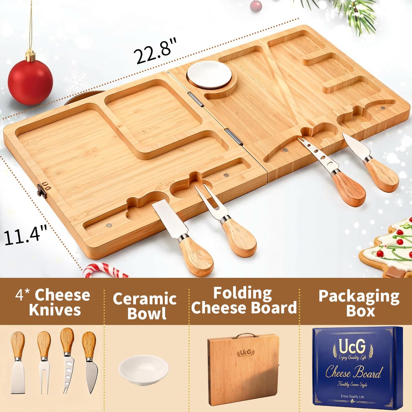 UTCG Charcuterie Board Gifts for Women: Bamboo Folding Cheese Board with Knife Set - Unique White Elephant Gift Wedding Housewarming Mothers Day Birthday Party Bridal Shower Gift